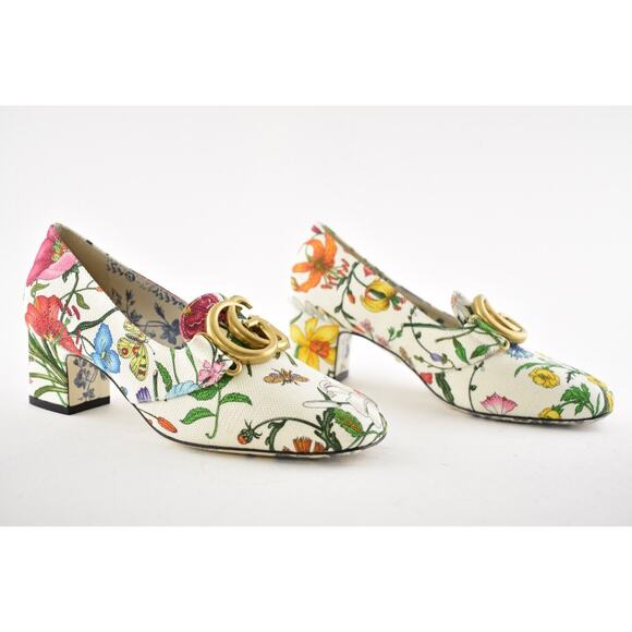 Gucci Victoire 55 White Canvas Floral Logo Block Mid Heel Mule Loafer Pump 36.5 - Picture 2 of 10